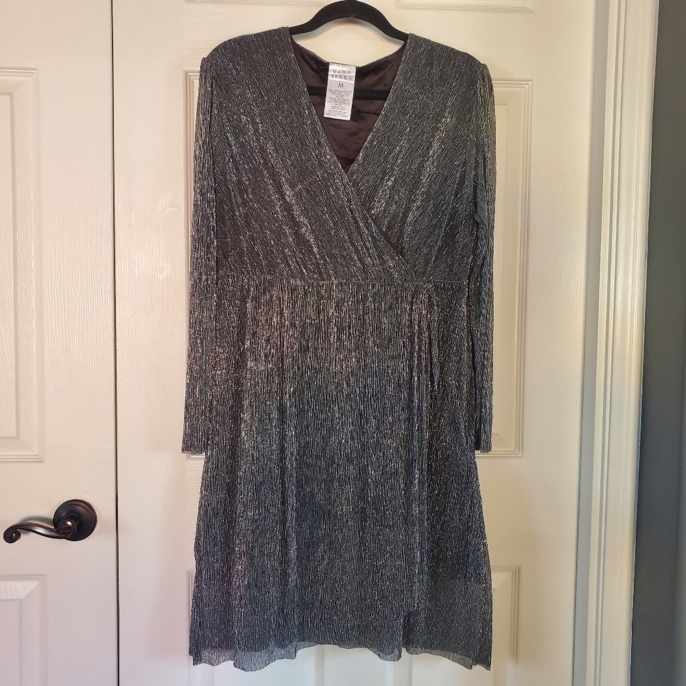 Serra Metallic Gray Pleated Midi Dress Front Wrap Long Sleeves Formal Evening M